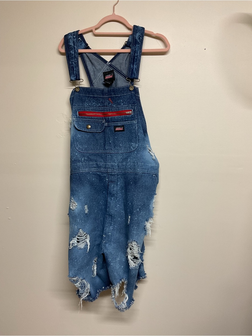 Dickies Distressed Blue Denim Overalls with Red Trim